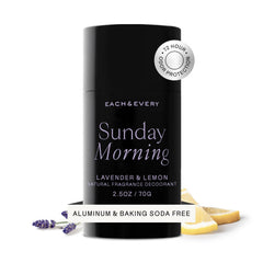 Each & Every aluminum-free deodorant lavender lemon stick close-up for smooth, long-lasting freshness.