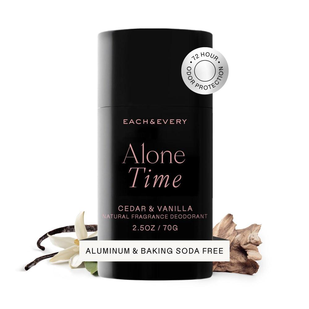 Each & Every cedar-vanilla deodorant packaging shows a clean, eco-friendly design.