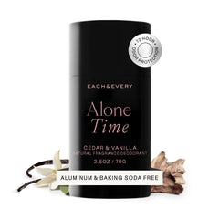 Each & Every cedar-vanilla deodorant packaging shows a clean, eco-friendly design.