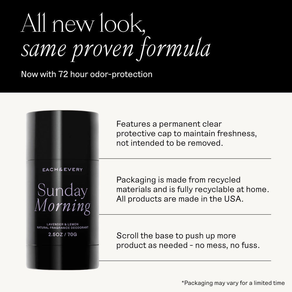 Each & Every lavender lemon deodorant packaging highlights eco-friendly plant-based materials.