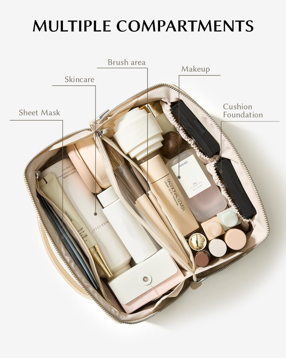 EACHY makeup bag inner pockets keep brushes and lipsticks neatly organized.