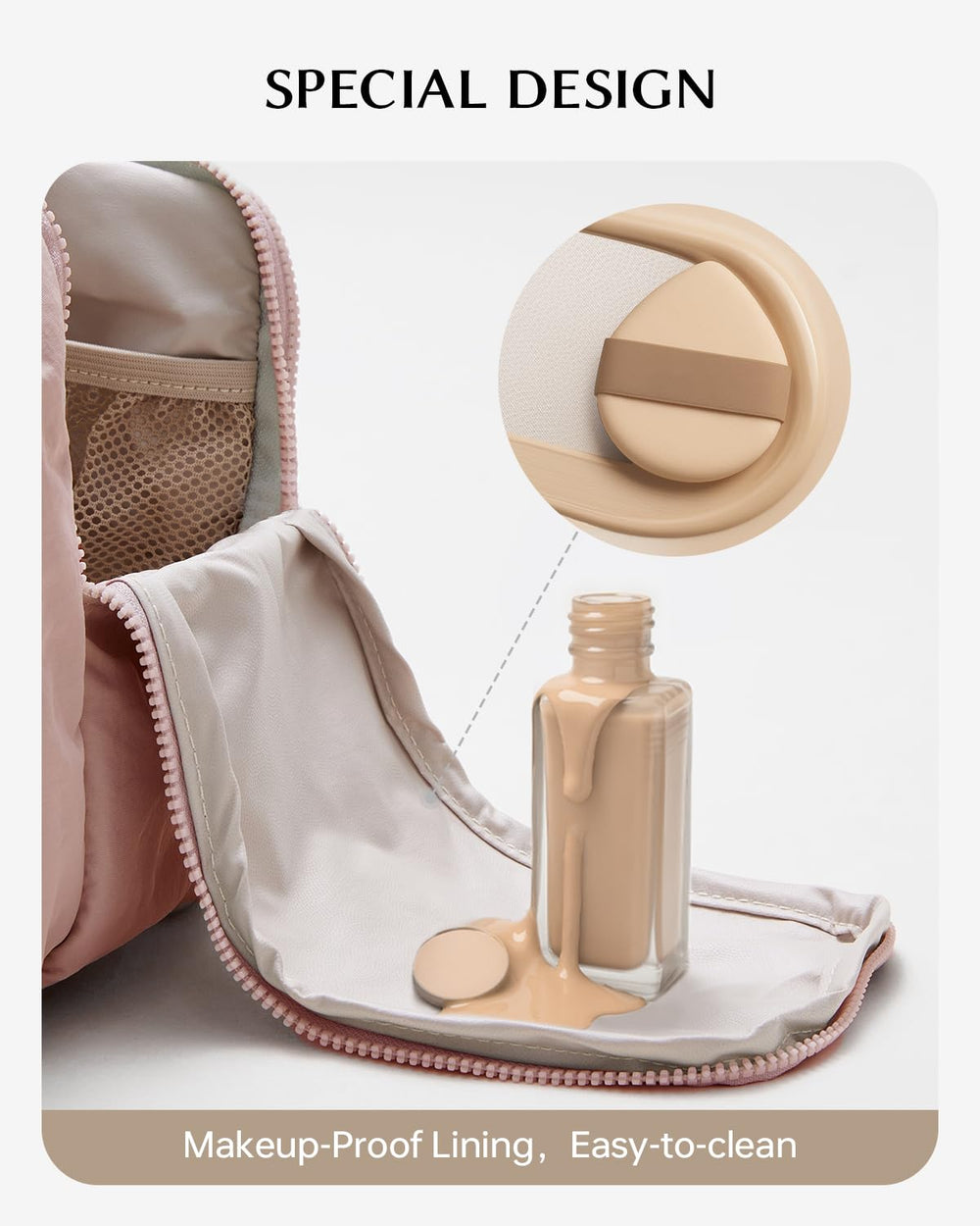 EACHY Travel makeup bag with handle pink for portable on-the-go use.