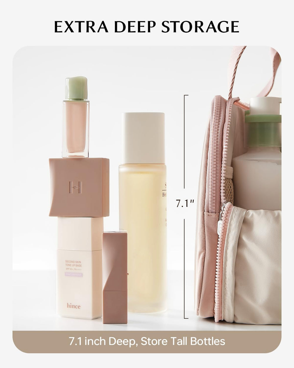 EACHY Large capacity makeup bag pink keeps brushes and bottles organized.