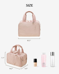 EACHY Mid-compartment design keeps bottles upright in pink travel bag.