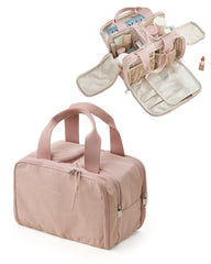 EACHY Travel makeup bag wide-open design pink, easy access for cosmetics.