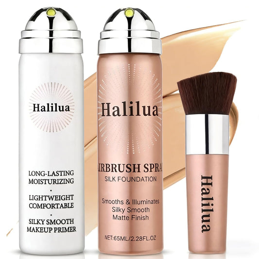 Eakroo airbrush foundation spray bottle close-up shows silky mist for even skin tone