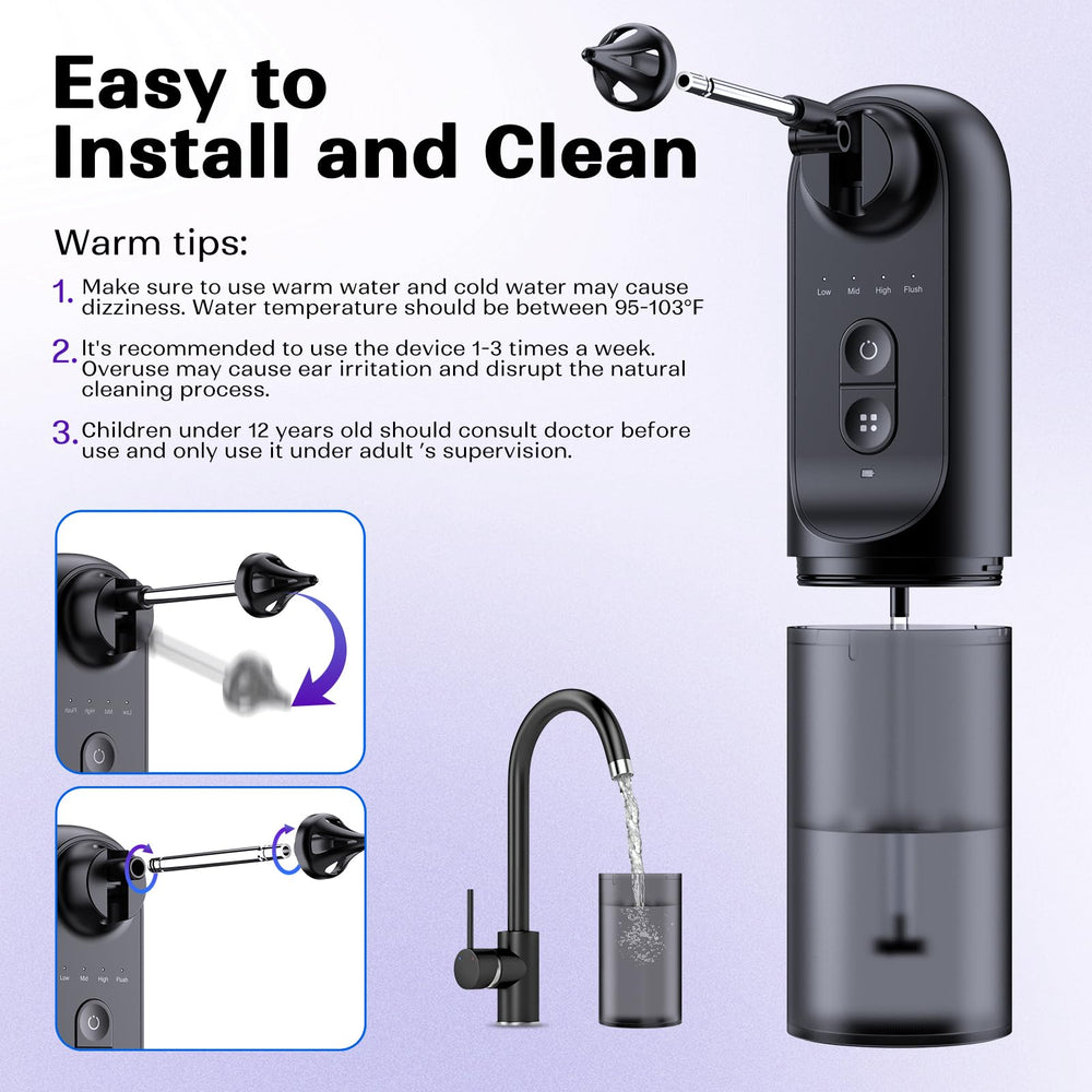 Ear Wax Removal System splash-resistant design and skin-friendly nozzle.