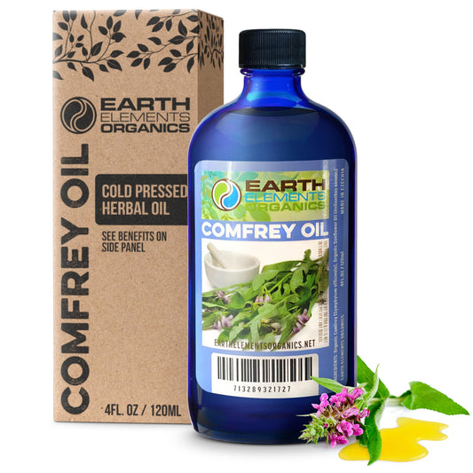 Earth Elements Organics Comfrey Oil bottle with label, showcasing the product.