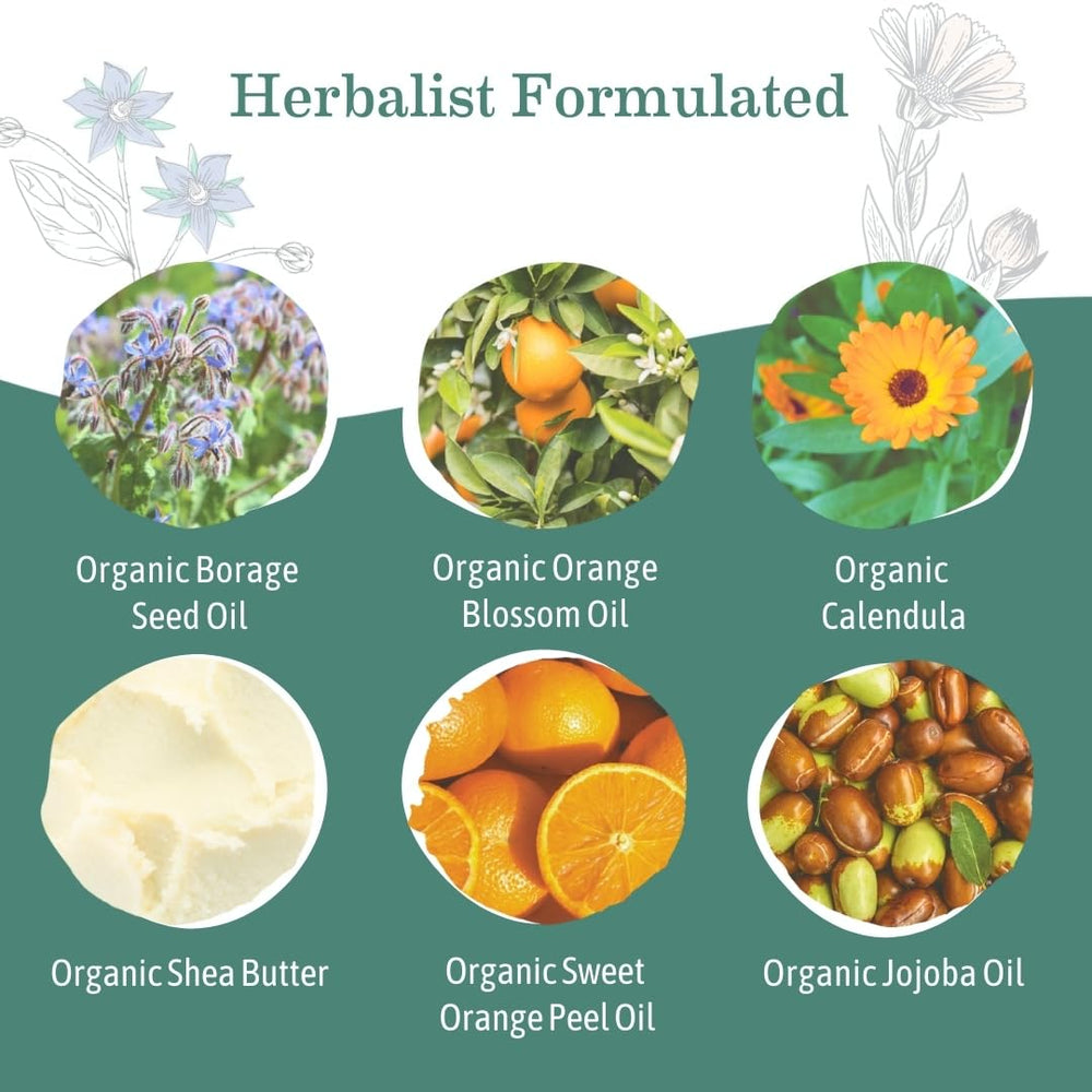 Jojoba and borage oils in Earth Mama Belly Butter for skin elasticity.