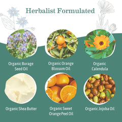 Jojoba and borage oils in Earth Mama Belly Butter for skin elasticity.