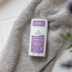 Earth Mama Calming Lavender Deodorant aluminum-free claim on packaging for safer wear.