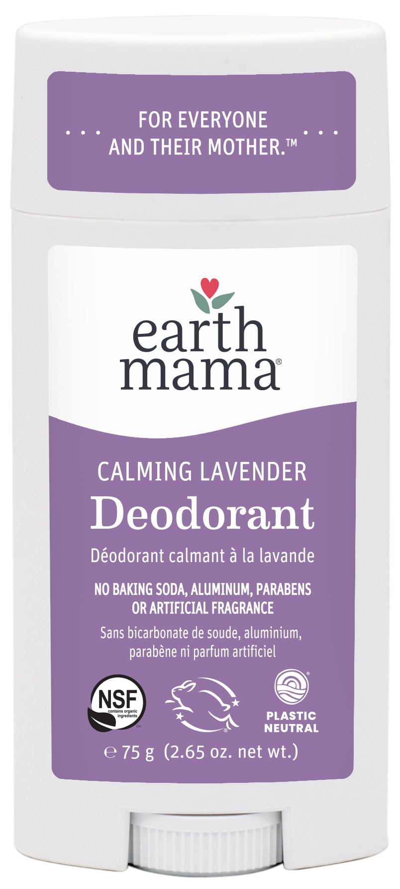 Earth Mama Calming Lavender Deodorant bottle close-up highlighting lavender scent for sensitive skin.
