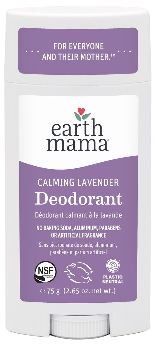 Earth Mama Calming Lavender Deodorant bottle close-up highlighting lavender scent for sensitive skin.
