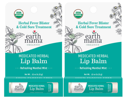 Earth Mama Medicated Lip Balm tube with minty herbal formula for lip relief.