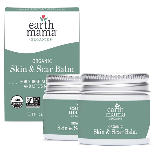 Earth Mama Organic Skin Scar Balm bottle highlights travel-friendly packaging for postnatal skin care.