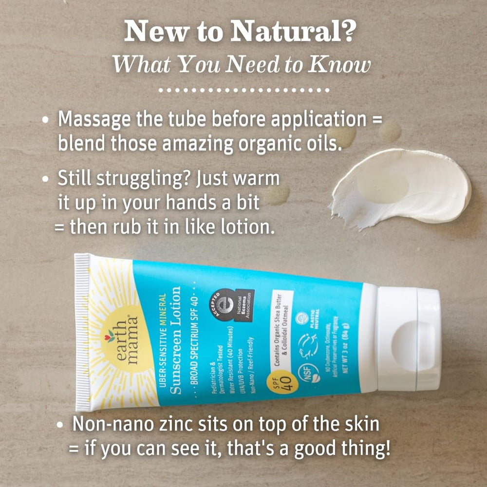Earth Mama Uber-Sensitive Mineral Sunscreen Lotion with organic colloidal oatmeal eases sensitive skin