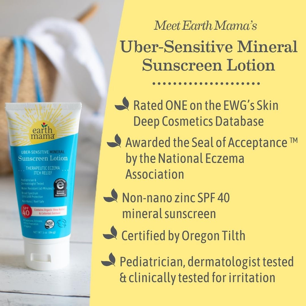 Earth Mama Uber-Sensitive Mineral Sunscreen Lotion tube being squeezed for easy application on sensitive skin