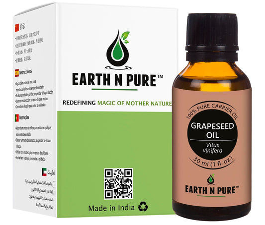 Earth N Pure Grapeseed Oil bottle demonstrates lightweight moisture for all skin types.