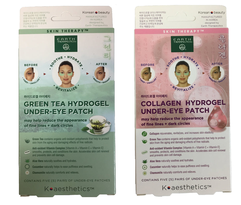 Earth Therapeutics bundle packaging with hydrogel under-eye patches for hydrated look.