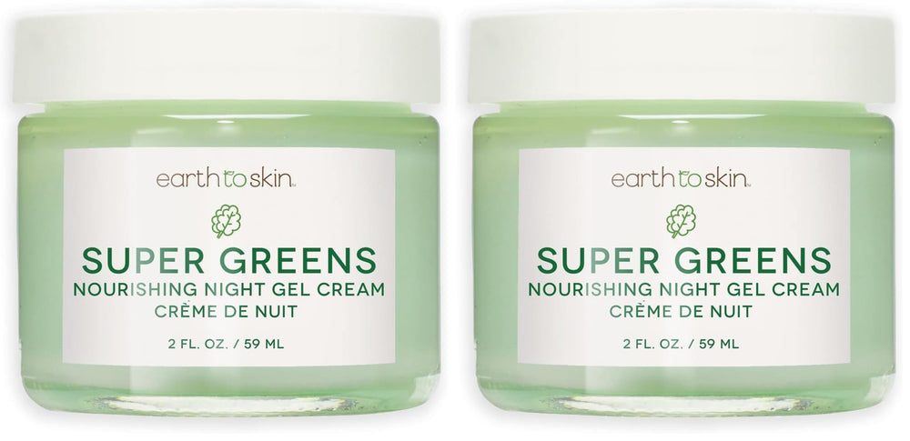 Earth To Skin Super Greens Night Gel Cream bottle promotes overnight hydration.