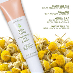 Earth To Skin Tea Time Chamomile Eye Cream application demonstrates gentle dab around under-eye area.