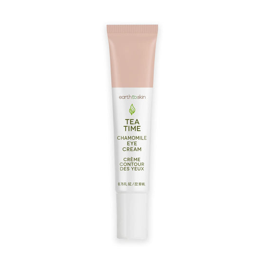 Earth To Skin Tea Time Chamomile Eye Cream tube close-up showing lightweight hydration.
