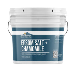 Earthborn Elements chamomile Epsom salt bucket closeup showing calming fragrance