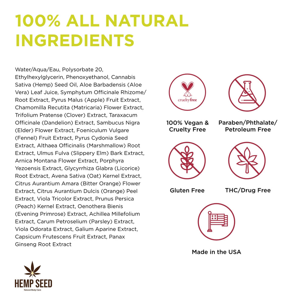 Hemp Seed Body Mist nourishes with aloe vera and botanical extracts.