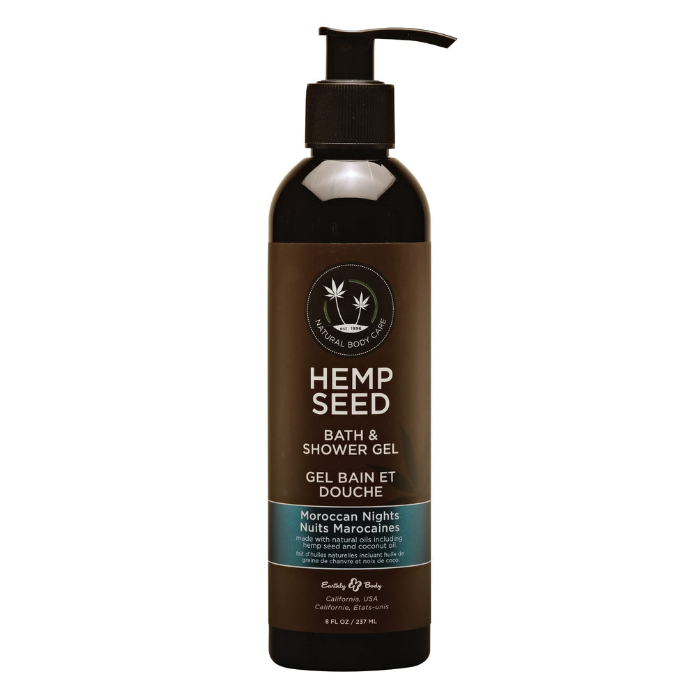 Earthly Body Hemp Seed Bath & Shower Gel Moroccan Nights label shows clean, moisturizing formula.