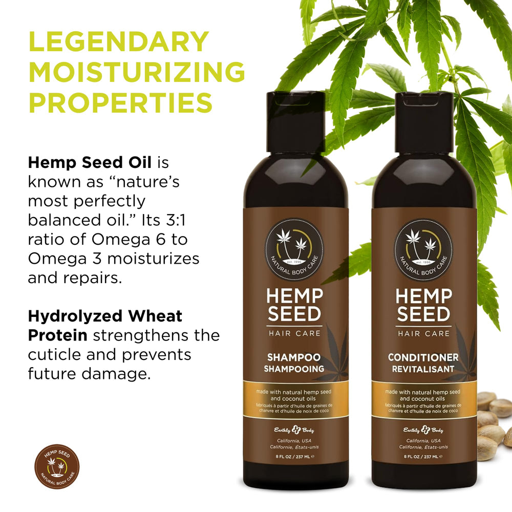 Earthly Body Hemp Seed Conditioner bottle close-up promoting moisture and softness