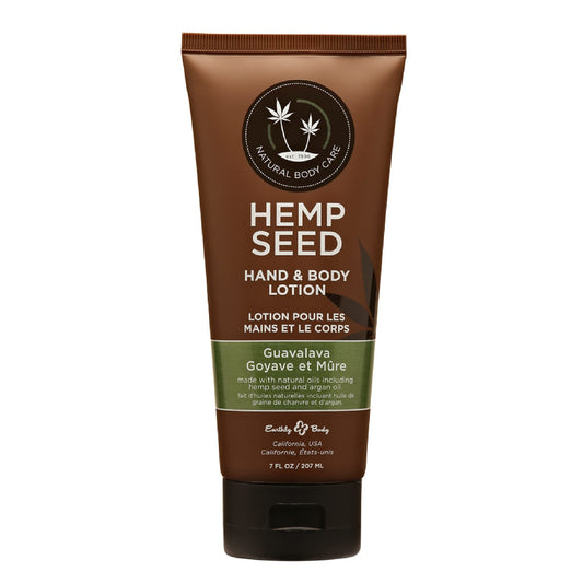 Earthly Body hemp seed lotion bottle with Guavalava scent for hydration.