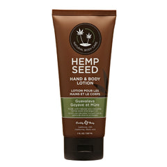Earthly Body hemp seed lotion bottle with Guavalava scent for hydration.