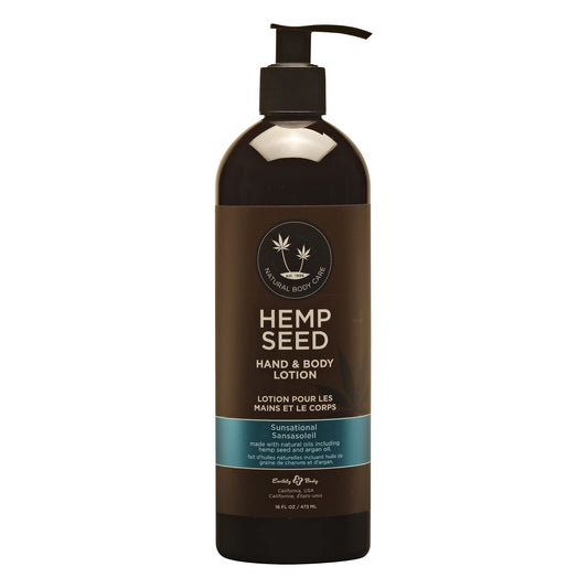 Earthly Body hemp seed lotion bottle demonstrates Sunsational scent for daily hydration.