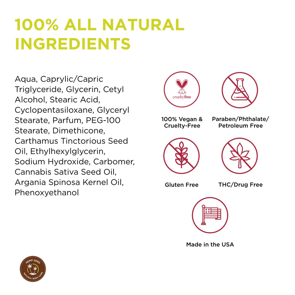 Earthly Body Hemp Seed Lotion non-greasy-finish with light absorption.
