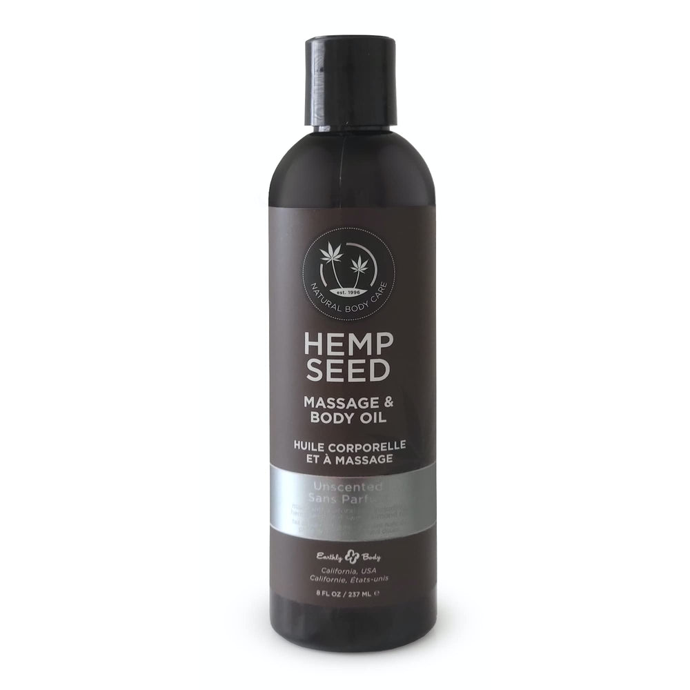 Earthly Body Hemp Seed Massage bottle pour shows smooth application and nourishment.