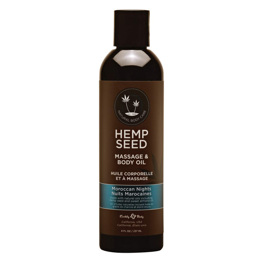 Earthly Body Hemp Seed Massage & Body Oil bottle in Moroccan Nights for a calming spa ritual.