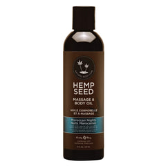Earthly Body Hemp Seed Massage & Body Oil bottle in Moroccan Nights for a calming spa ritual.
