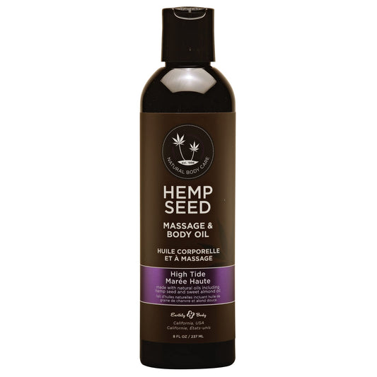 Earthly Body Hemp Seed Massage Oil bottle delivers smooth glide for relaxing massages.