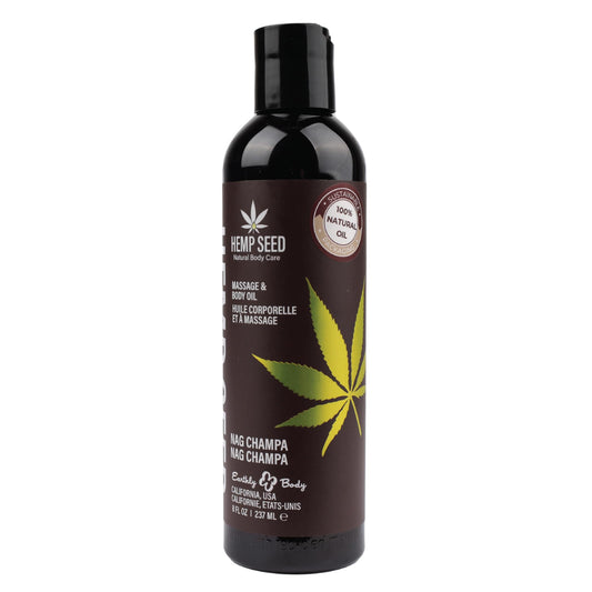 Earthly Body Hemp Seed Massage Oil bottle for a soothing, skin-nourishing massage.
