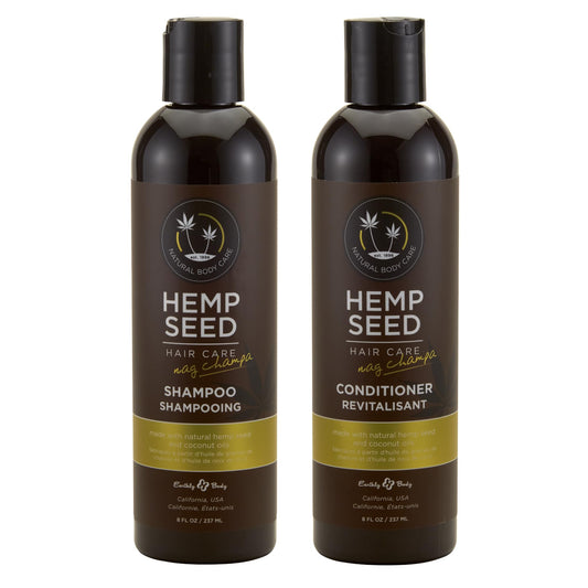 Earthly Body Hemp Seed Shampoo bottle highlights nourishing formula for daily use on color-treated hair.