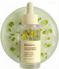 Earthward Centella Serum bottle shows unscented calming formula.