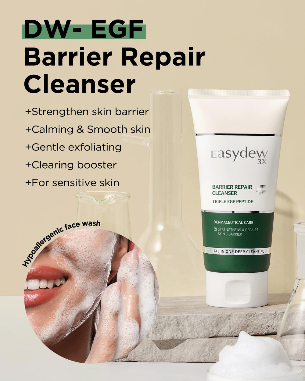 Foaming action of EASYDEW Barrier Repair Cleanser in silky lather
