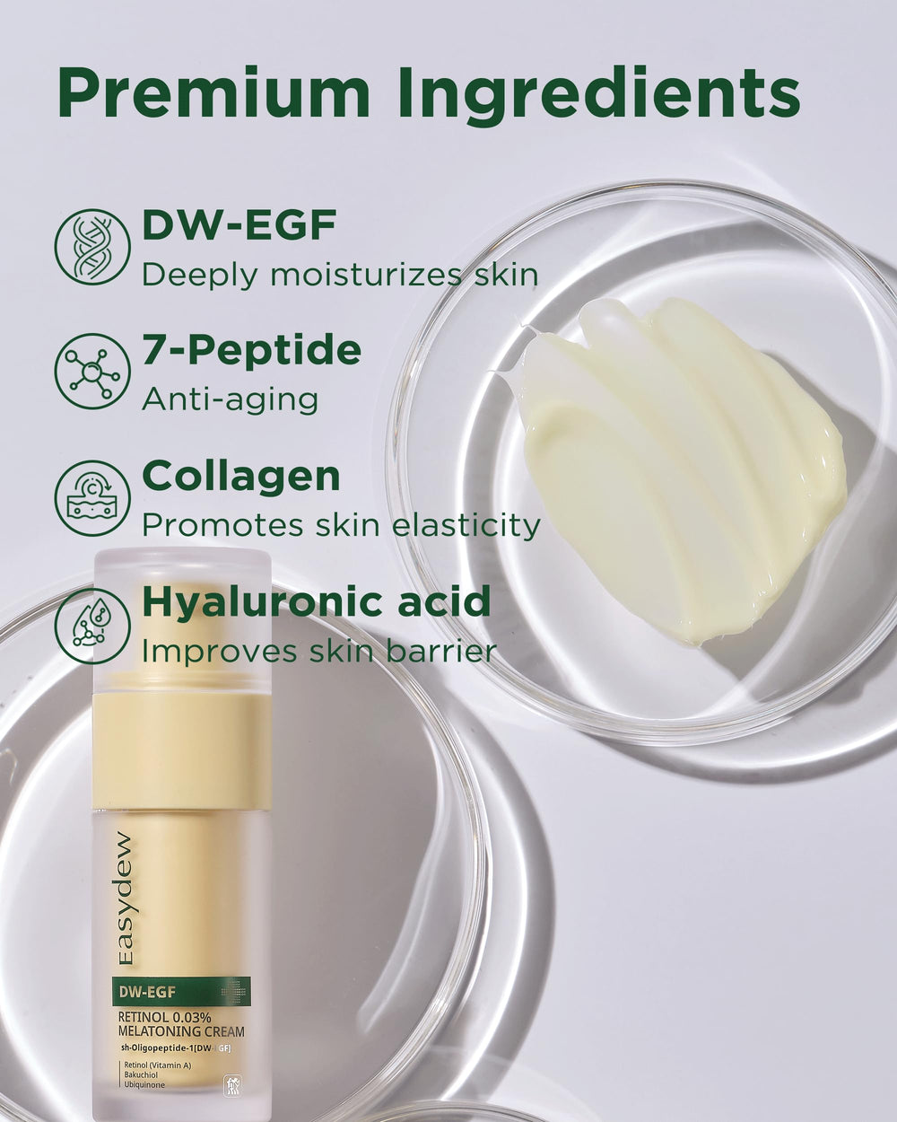 Easydew DW-EGF peptide cream jar closeup reveals rich texture for moisture.