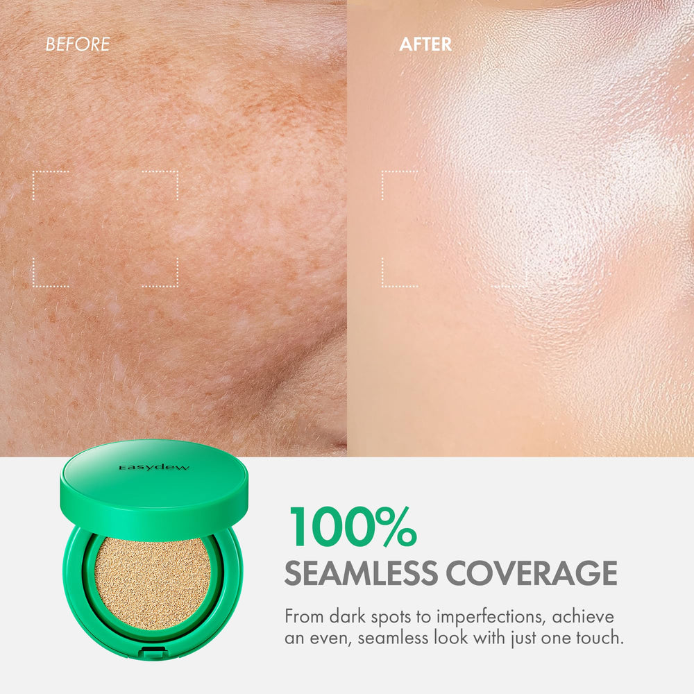 Easydew Mela B cushion application shot showing sheer to full coverage.