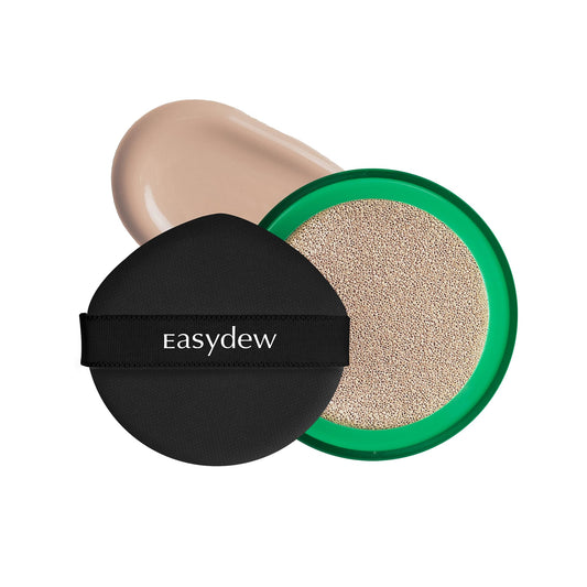 Close-up Easydew Mela B cushion compact in a refillable case for a 2-in-1 skincare and makeup routine.