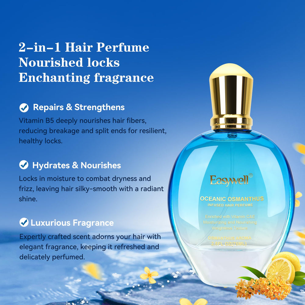 Easywell hair perfume spray action delivering a light fragrance mist.