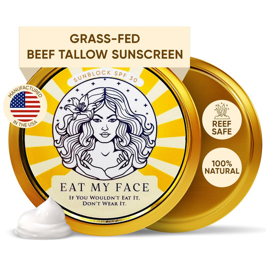 Eat My Face Beef Tallow Sunscreen SPF 30 jar for daily mineral protection in a travel-friendly container.