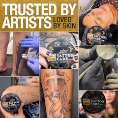 Open jar of Ebanel Tattoo Balm highlights mango and shea butter richness