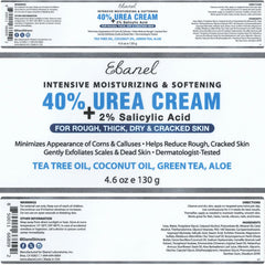 Ebanel Urea Cream 40% ingredients tea tree and aloe visuals