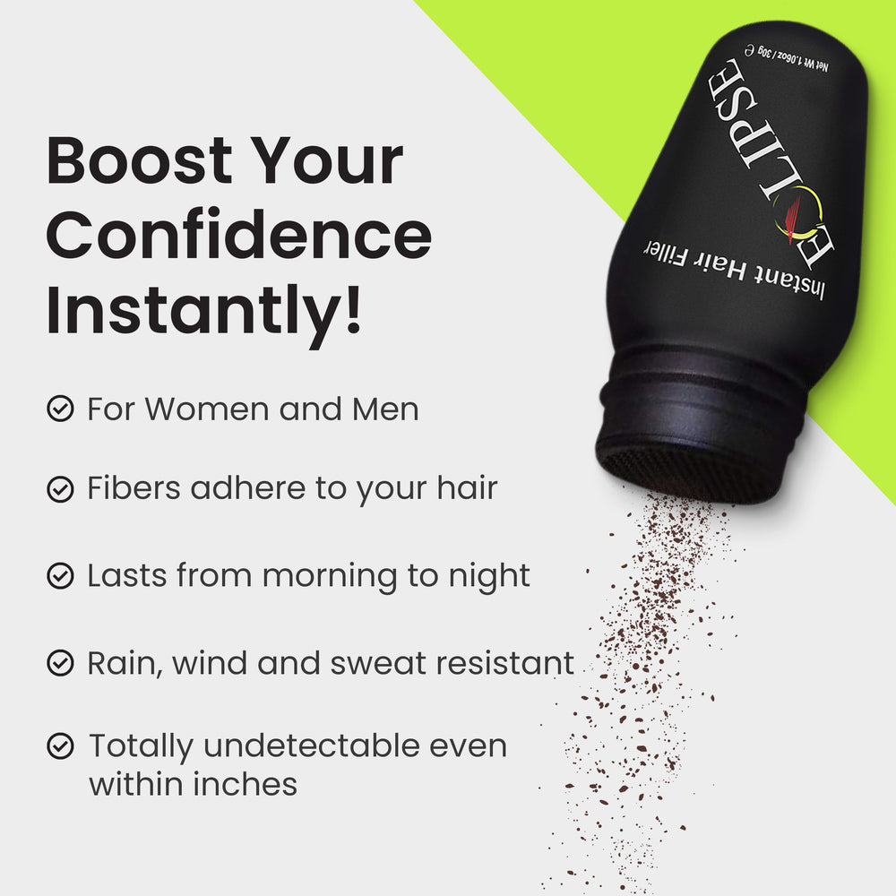 Eclipse Hair Fibers Dark Blonde thinning-area close-up for natural-looking blend.